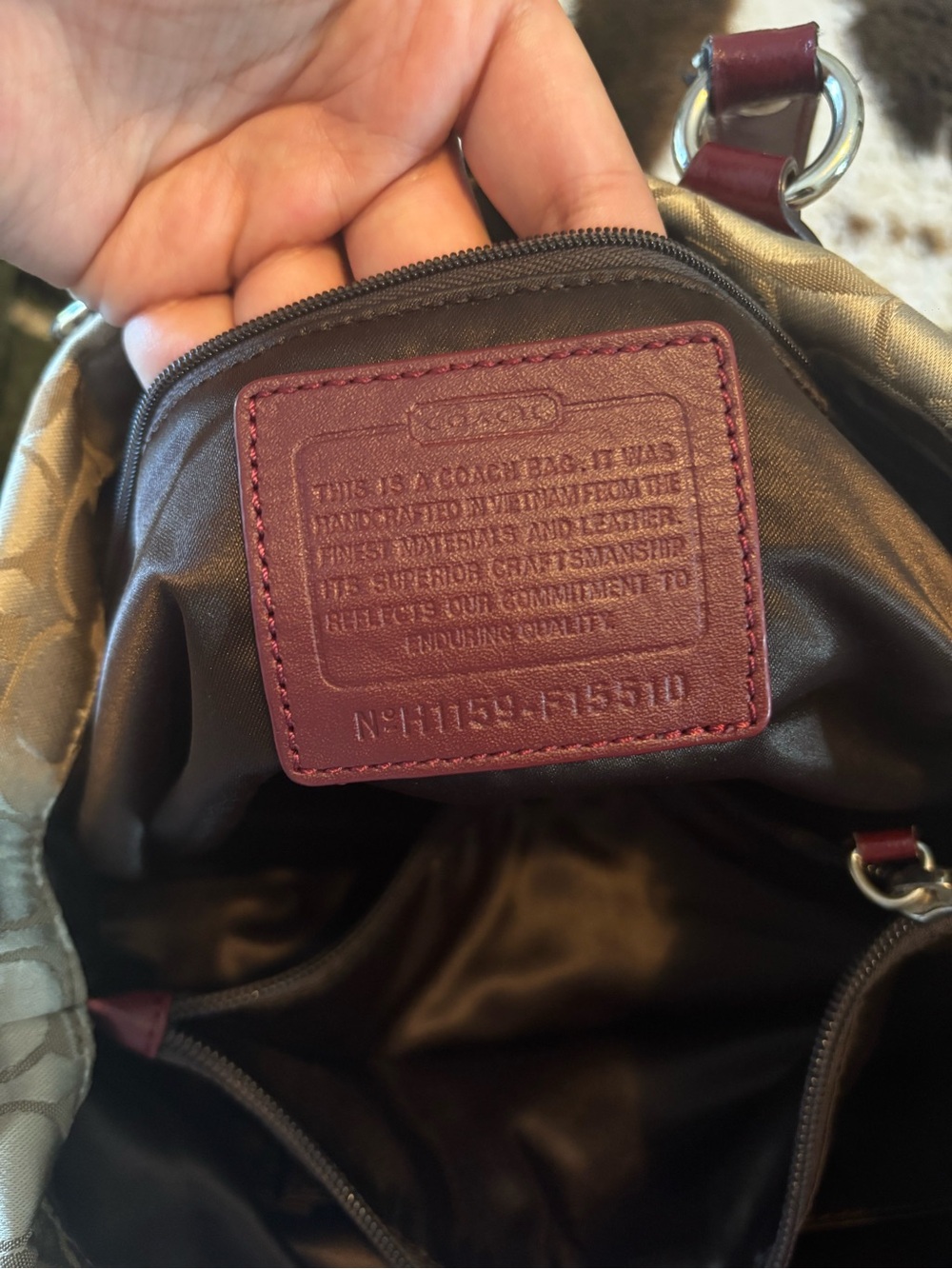 Coach Beige Signature Tote with Burgundy Leather Trim - Picture 3 of 4